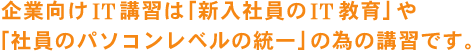 企業向けＩＴ講習は「新入社員のＩＴ教育」や「社員のパソコンレベルの統一」の為の講習です。